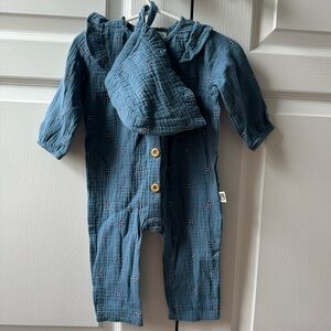 NWT Rabbit + Bear 6-9M Organic Cotton Blue One Piece + Bonnet